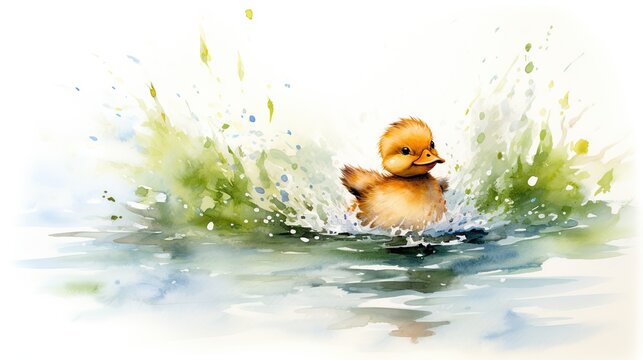  a watercolor painting of a duckling splashing water.  generative ai