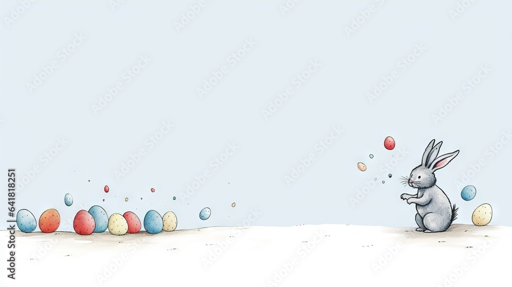 Poster a rabbit is sitting in the middle of a row of eggs. generative ai