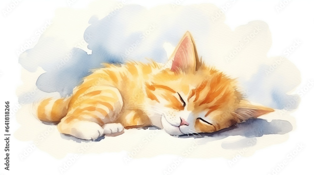 Poster a painting of a cat sleeping on a white surface with clouds in the background. generative ai