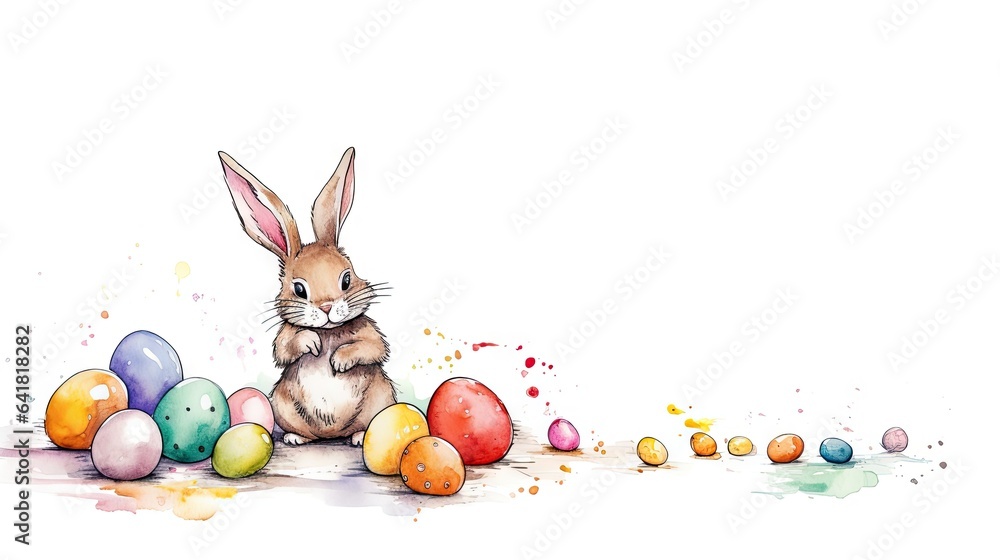 Poster a rabbit sitting in front of a group of painted eggs. generative ai