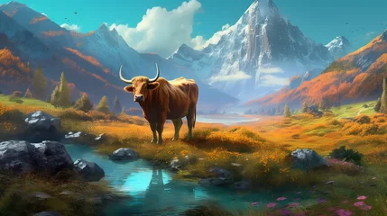 Foto op Plexiglas Illustration of a cow in a magical landscape.Generative AI © shuvodesign