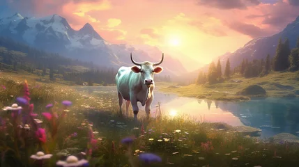 Poster Im Rahmen Illustration of a cow in a magical landscape.Generative AI © shuvodesign