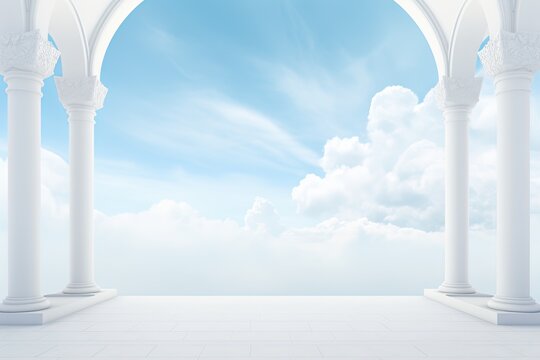 Beautiful widescreen minimalistic architectural background banner with white arches and columns and panoramic blue heavenly sky. Generative AI. 