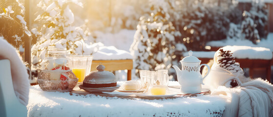 Winter frozen morning on the patio, backyard with snowy trees, furniture, candles, lamp garland.served dinner table. Christmas, New Years holidays. Outdoors vacation. Exterior Design.Generative ai