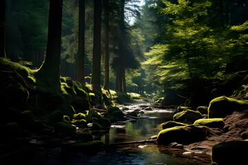 Obraz premium Ein wunderschöner, grüner Waldweg mit Sonnenstrahlen