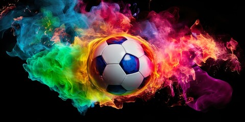 football in explosion of colored neon powder isolated on black background | Generative AI