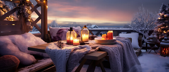 Cozy romantic composition with served dinner table,backyard  furniture, candles, lantern, garland. Evening winter patio. Christmas, New Years holidays. Outdoors vacation. Exterior Design.Generative ai