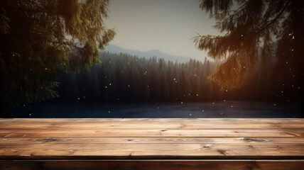 Dark empty wooden rustic table or product, beverage, food placement display with blurred natural background in the woodland, forest. during dusk sunset.