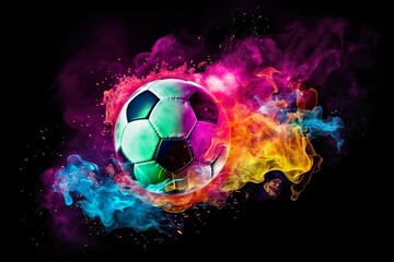 football in explosion of colored neon powder isolated on black background | Generative AI