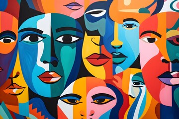 Fototapeta na wymiar Chic Illustrations of Diverse Faces with Abstract Background AI-Generated