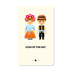 Czech pair in national costumes flat vector icon. Cute couple in traditional clothes isolated vector illustration. History, ethnicity, tradition concept for web design and apps