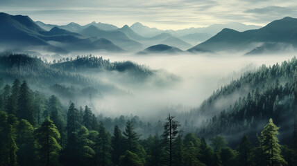 Obraz premium beautiful foggy morning in the mountains