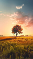 Fototapeta premium A Serene Sunset over a Golden Field with a Majestic Oak Tree,lone tree in sunset