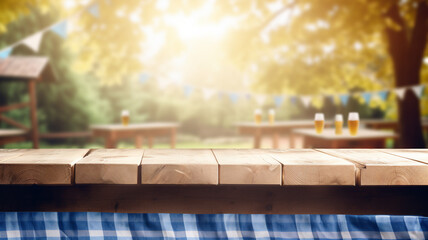 Beautiful empty wooden rustic table or product for beer festival October, beverage, food placement display with blurred natural background. 