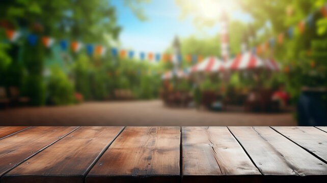 Beautiful empty wooden rustic table or product, beverage, food placement display with blurred natural background, festival exterior pub place.