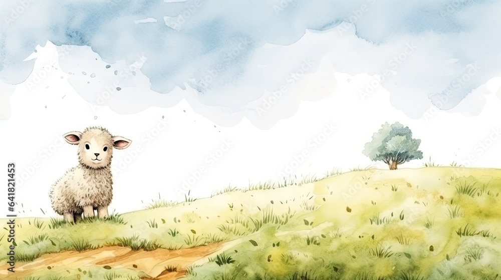 Poster a painting of a sheep standing on a hill with a tree in the background. generative ai