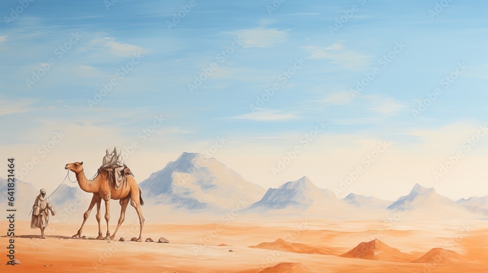 Poster a painting of a man and a camel in the desert. generative ai