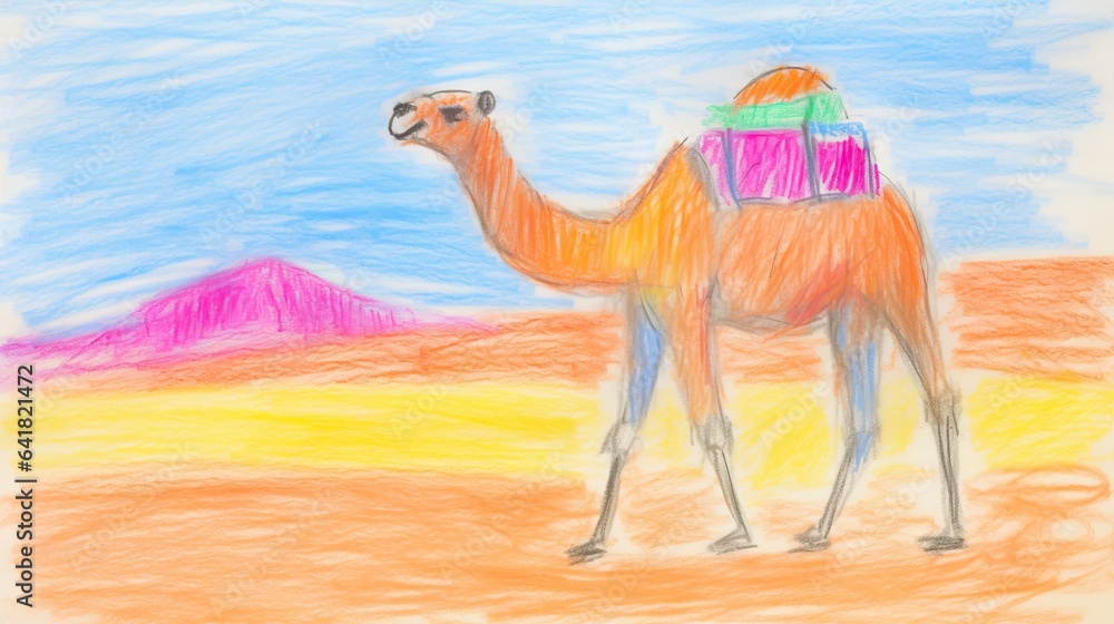Poster a drawing of a camel with a backpack on its back. generative ai