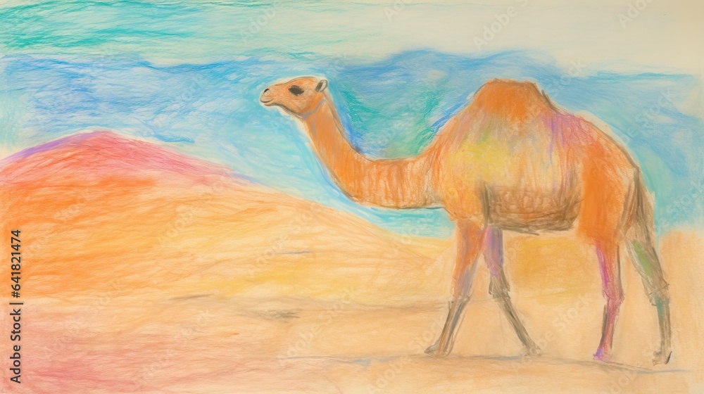 Poster a drawing of a camel in the desert with a rainbow background. generative ai