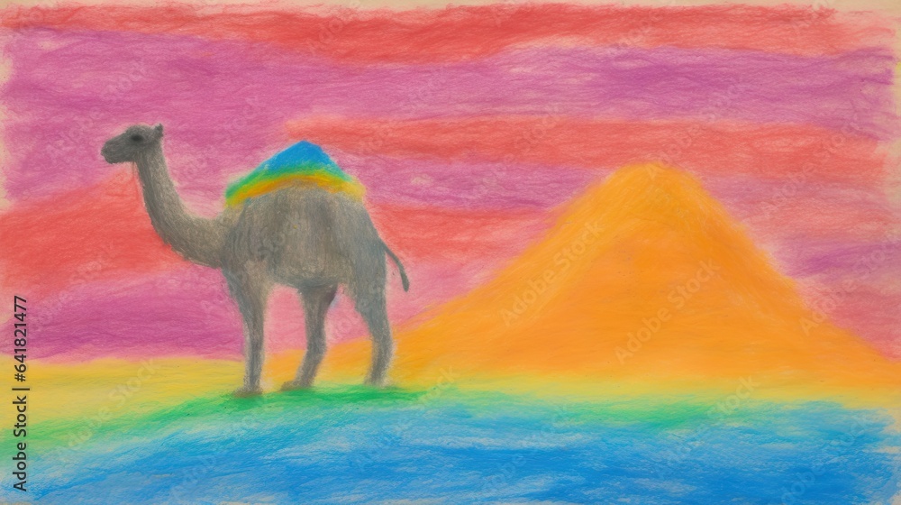 Poster a drawing of a camel standing in front of a pyramid. generative ai