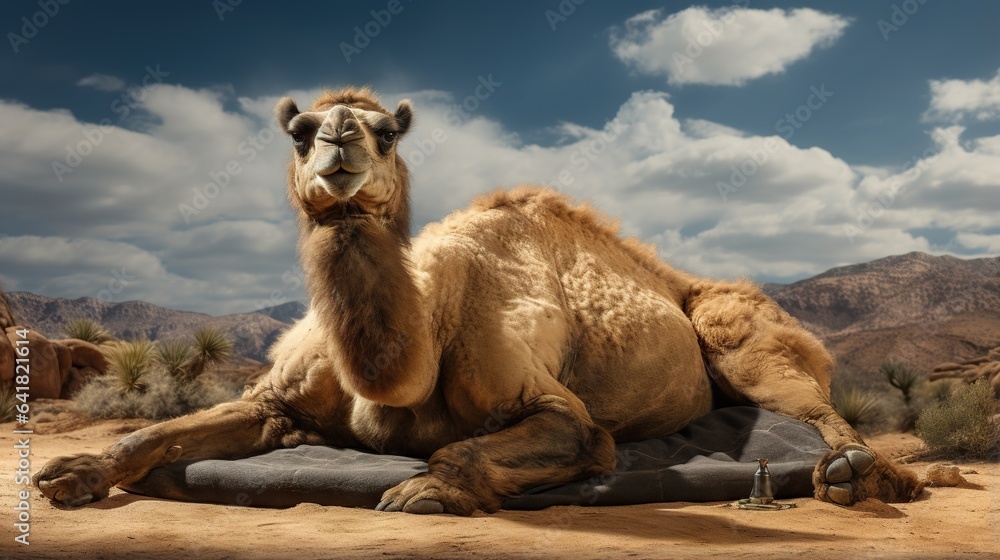 Poster a camel laying down in the middle of a desert with mountains in the background. generative ai