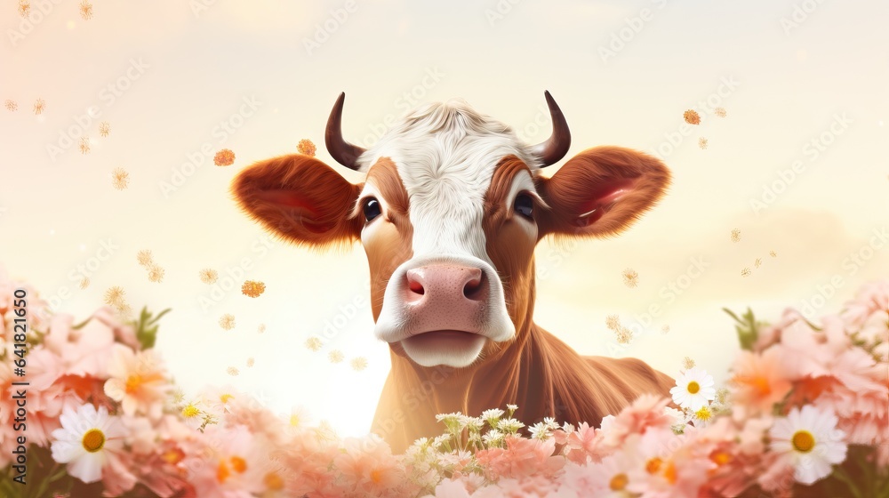 Poster  a cow is standing in a field of flowers and daisies.  generative ai