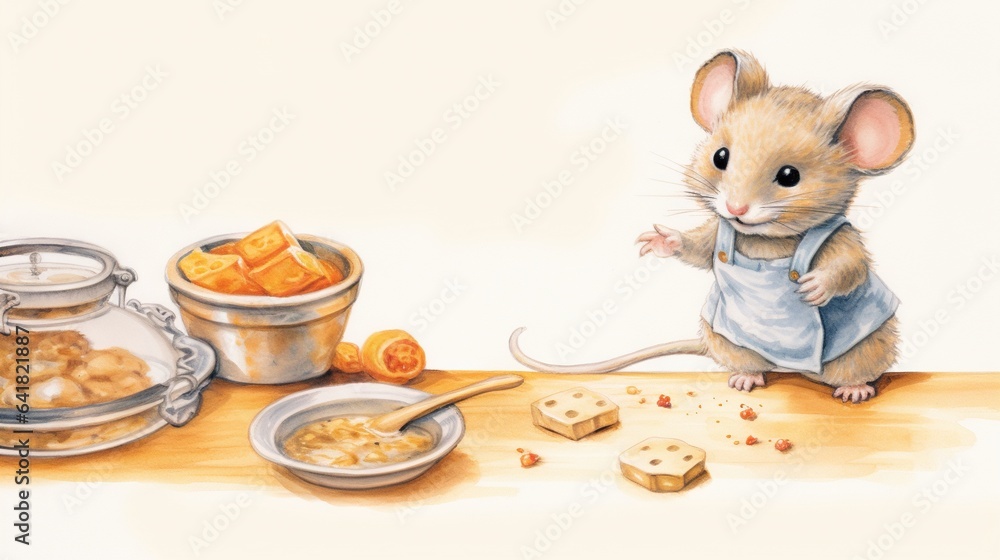 Poster a painting of a mouse with food on a table next to it. generative ai