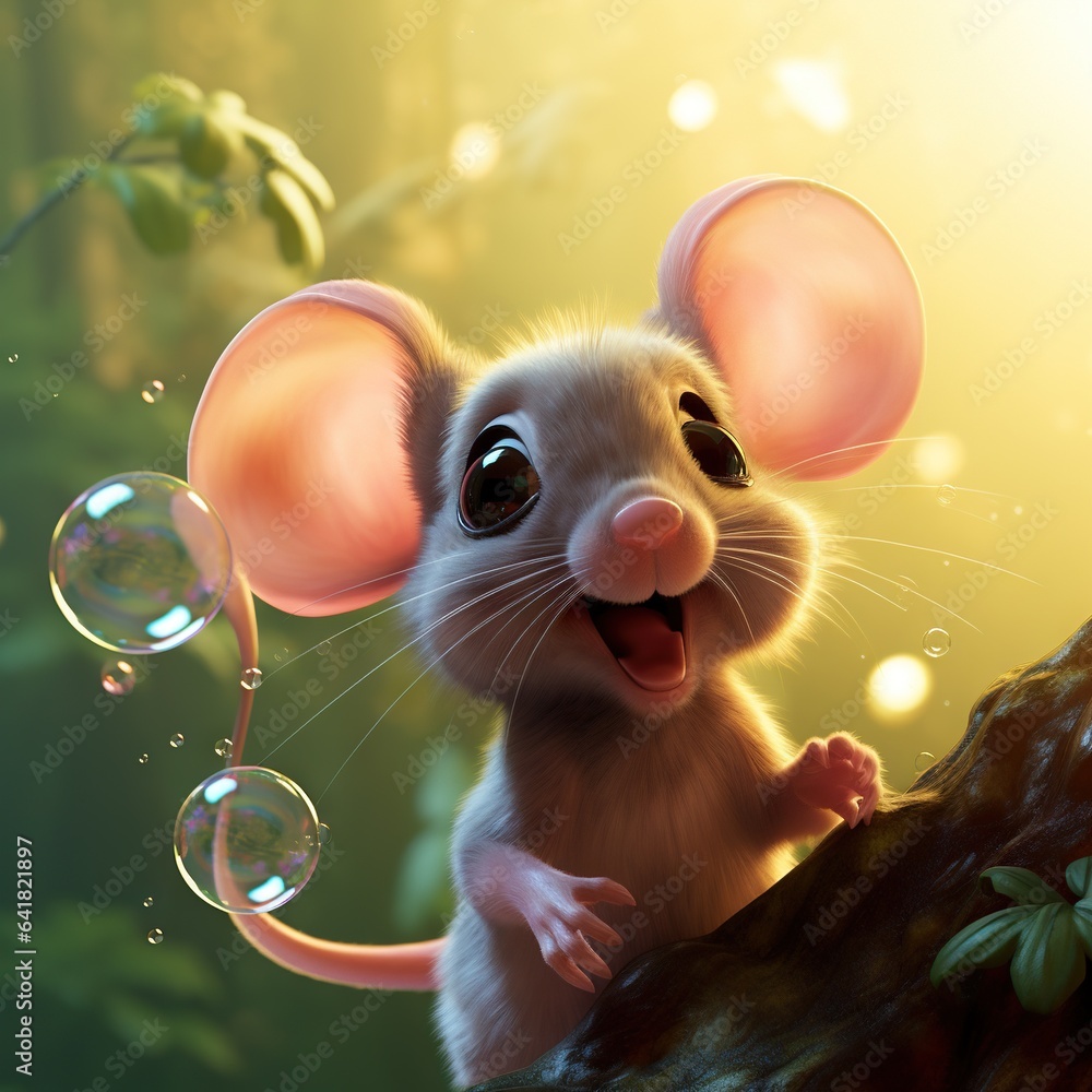 Poster a mouse with bubbles in its mouth on a tree branch. generative ai