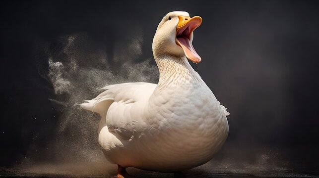  a white Chinese goose with its mouth open and tongue out, standing on the ground against a dark background