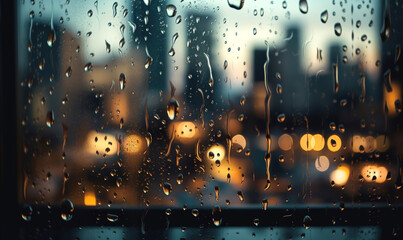 View of the city through the window glass under the drops from the rain