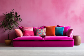 Pink sofa with colorful eclectic pillows near a textured wall. Modern interior for mockup, wall art. Promotion background with copyspace.