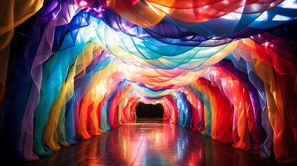 Rainbow-colored streamers arching gracefully across a space, creating a celebratory canopy - obrazy, fototapety, plakaty