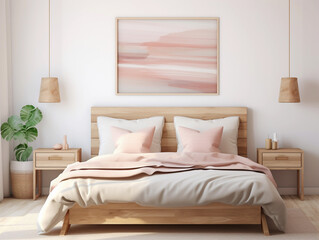 Fototapeta na wymiar Boho bedroom interior in neutral beige tones. Wooden double bed with pillows. Abstract brown wall art in frame on a white wall.