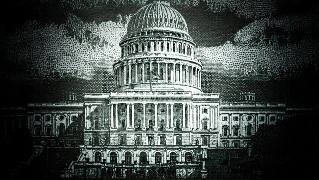 The US Capitol, Fed sign, portrait of Franklin with glowing eyes, spinning pyramid with an eye on top. Conspiracy theory. 4k video collage.