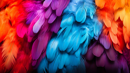 Vibrant feather boas coiled and spread, creating a soft and colorful texture - obrazy, fototapety, plakaty