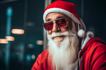 Generative AI illustration of portrait of modern elderly Santa Claus with sunglasses and long white beard smiling while looking at camera against blurred windows