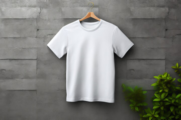 Top view of white t-shirt on wooden background.  illustration of mockup clothes