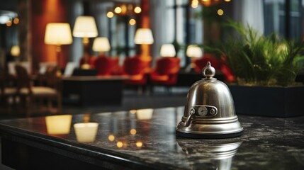 Hotel service bell on a marble countertop in a hotel lobby. Hotel Concept with a Copy Space.
