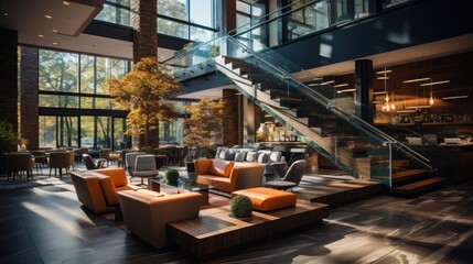 Interior of a modern cafe with orange armchairs and coffee tables. Hotel Concept with a Copy Space.