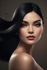 Fototapeta premium Asian woman with healthy shiny black hair with studio backdrop Lap space for advertising media.Generative AI