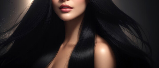 Naklejka premium Asian woman with healthy shiny black hair with studio backdrop Lap space for advertising media.Generative AI