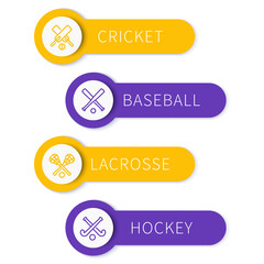 Cricket, baseball, lacrosse, field hockey, team sports banners with line icons