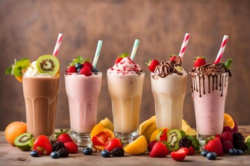 Tasty milkshakes with fruits and chocolate