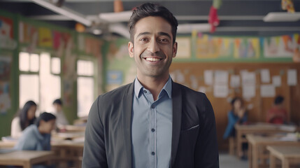 Fototapeta premium young pakistani teacher smiling in fore-ground beautiful