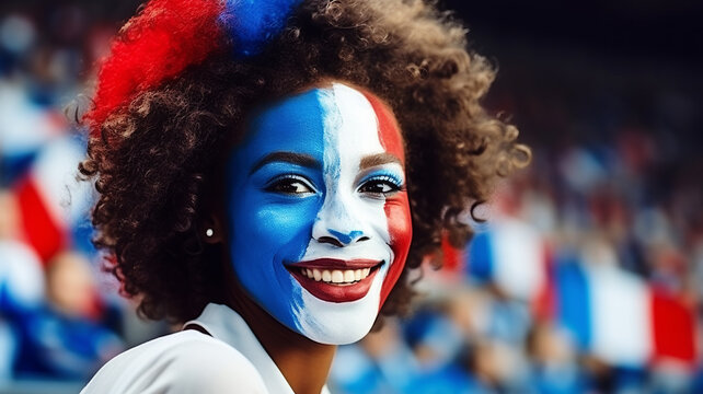 African American happy cheerleader at the sports stadium of the olympics event with the french flag on his face