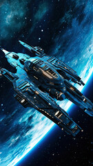spaceship in space,Futuristic Spaceship in Outer Space,spaceship and planet