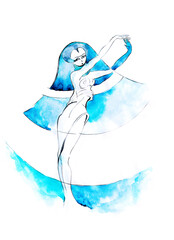 Watercolor, Graphic drawing of a fairy-tale character.A sorceress, a fairy. Flying girl. Abstract drawing. Fantastic illustration of a beautiful woman. Goddess, alien