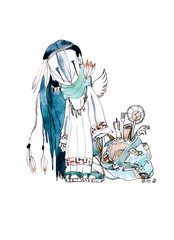 Watercolor, graphic drawing of a fairy-tale character. The shaman. A shaman's disciple in a mask with a briefcase. Caricature of elementary school students.