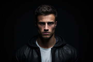 Fototapeta premium AI Generative brutal man on a dark background in a leather jacket, looking at the camera