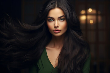 Fototapeta premium ai generative, beautiful girl looks at the camera with long dark developing hair, on a dark background